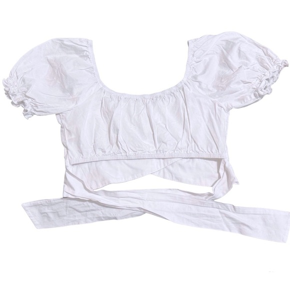 Altar’d State White Crop Peasant Blouse Belted Blouse Puff Sleeve Size Medium - Picture 7 of 11